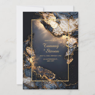 Convites Casamento Moderno Abstrato Escuro Geodo Dourado Na