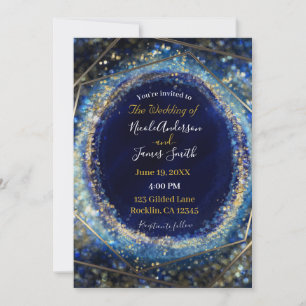 Convites Casamento Moderno Abstrato Glam Azul e Dourado