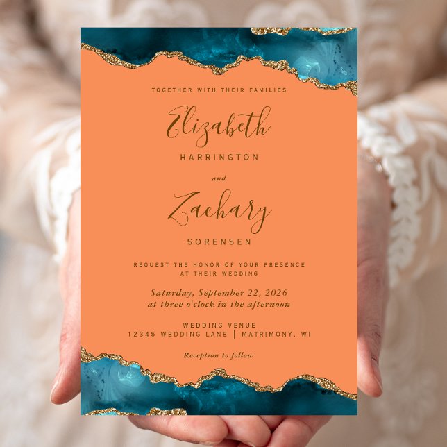 Convites Casamento Moderno Ágata Dourada Teal Laranja (Criador carregado)