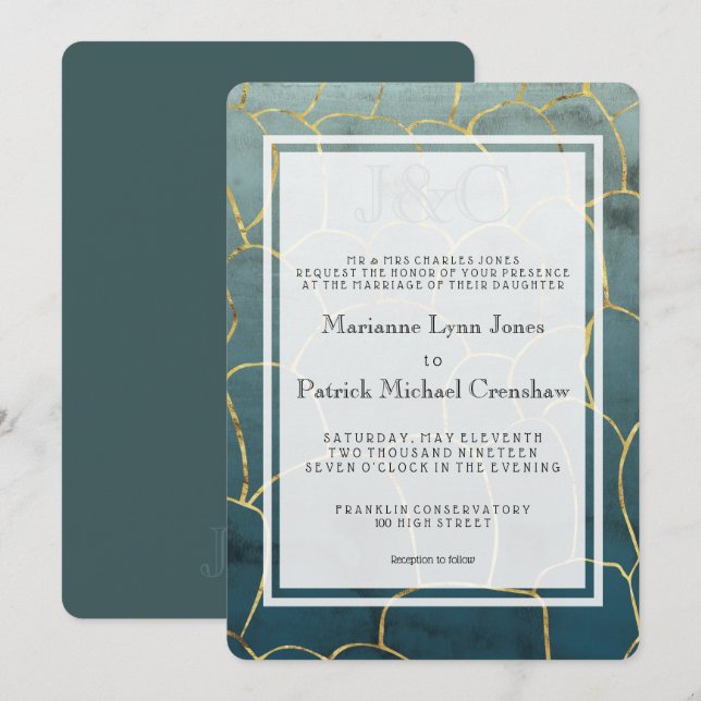 Convites Casamento Moderno Aquamarine Dourado Veio (Frente/Verso)