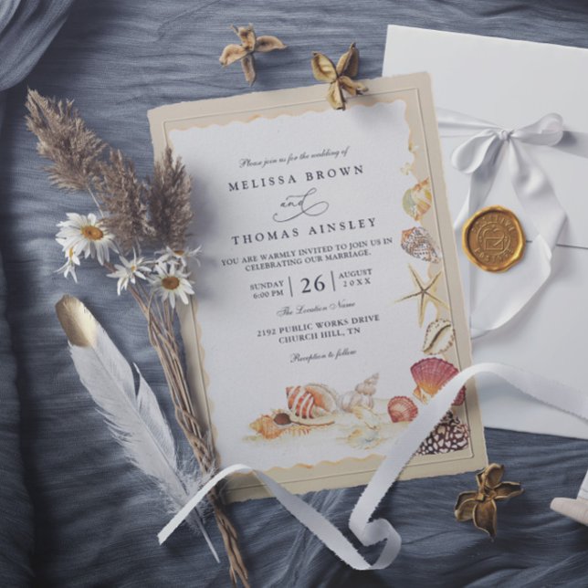 Convites Casamento Moderno Areia do Mar Praia Conchas Elega (Criador carregado)