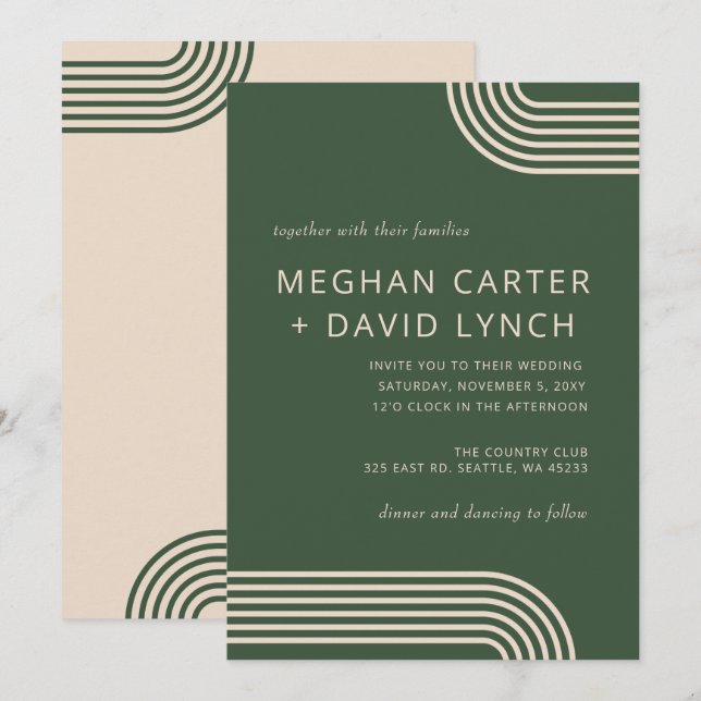 Convites Casamento Moderno Arrasto Verde Neutro Russo (Frente/Verso)