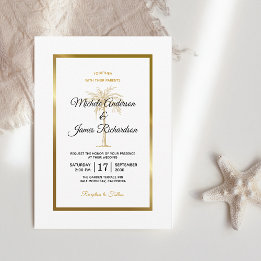 Convites Casamento Moderno Árvore de Palma Branco Dourado E