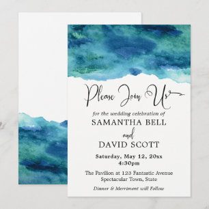Convites Casamento Moderno Azul Aqua Watercolor 1