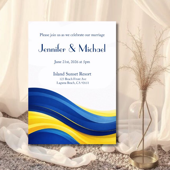 Convites Casamento Moderno Azul Cobalto e Amarelo (Cobalt Blue & Lemon Yellow Modern Wedding Invitation )