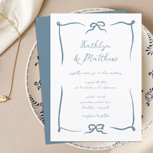 Convites Casamento Moderno Azul Dusty De Fita Desenhada À M