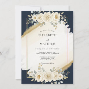 Convites Casamento Moderno Azul Naval Dourado