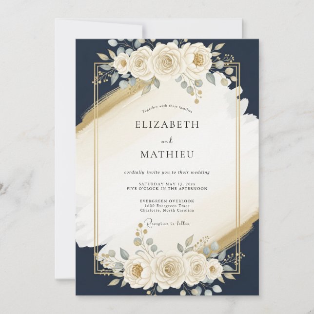 Convites Casamento Moderno Azul Naval Dourado (Frente)