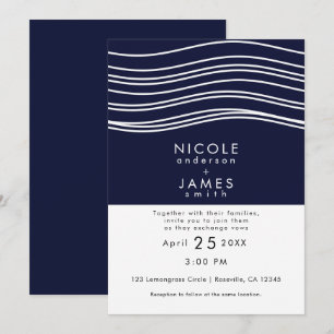 Convites Casamento Moderno Azul Naval e Branco Ondulado