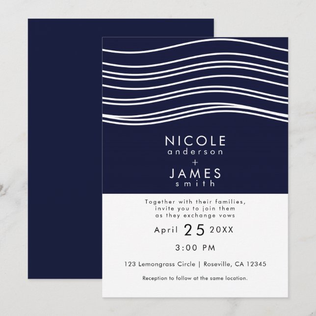 Convites Casamento Moderno Azul Naval e Branco Ondulado (Frente/Verso)