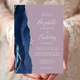 Convites Casamento Moderno Azul Naval Prata Ágata Malva