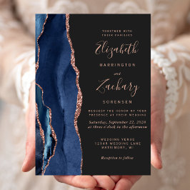 Convites Casamento Moderno Azul Navy Ágata Dourado Rosa Esc