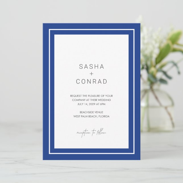 Convites Casamento Moderno Azul Safira com Borda Ousada (Em pé/Frente)