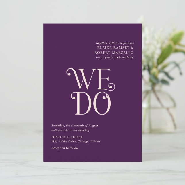 Convites Casamento Moderno Blaire Roxo (Em pé/Frente)