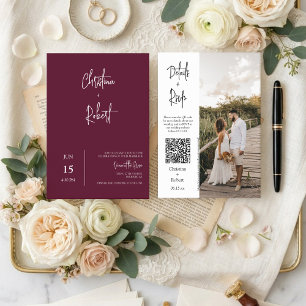 Convites Casamento Moderno Boho Borgonha Código QR RSVP