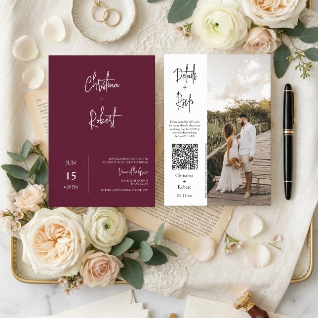 Convites Casamento Moderno Boho Borgonha Código QR RSVP (Criador carregado)