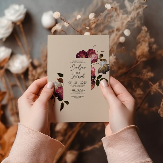 Convites Casamento Moderno Boho Chic Flowers Burgundy (Criador carregado)