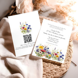 Convites Casamento Moderno Boho com Código QR de Flor Silve