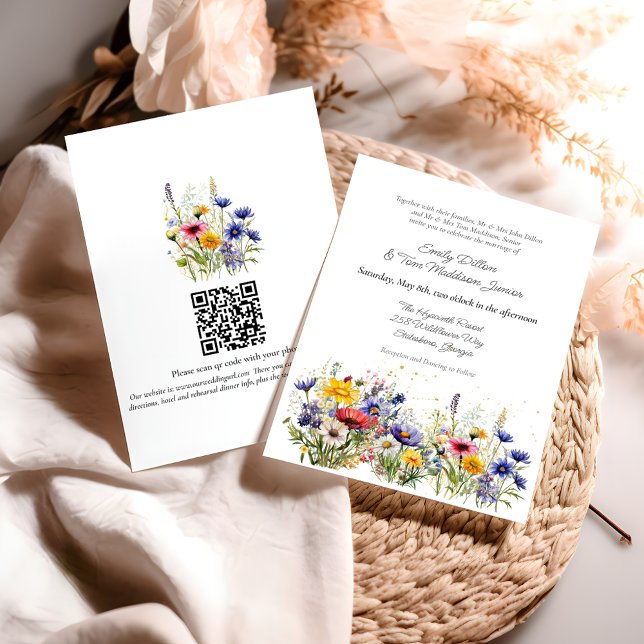 Convites Casamento Moderno Boho com Código QR de Flor Silve (Criador carregado)