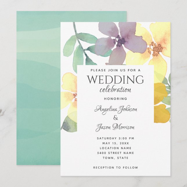 Convites Casamento Moderno Boho com Flores Silvestres (Frente/Verso)