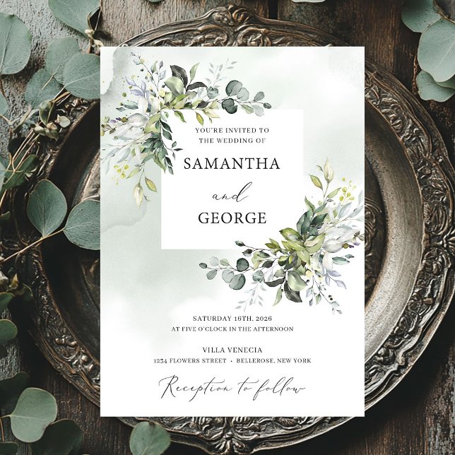 Convites Casamento moderno boho eucalipto folhagem verdejan (Greenery foliage boho modern eucalyptus wedding invitation)