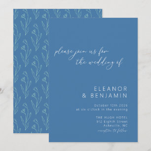 Convites Casamento Moderno Boho Floral Arte Linha Azul Rote
