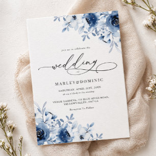 Convites Casamento Moderno Boho Floral Azul Poeira Aquarela