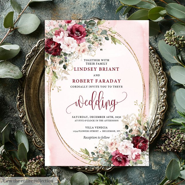 Convites Casamento Moderno Boho Rosa Vermelho Fundo Dourado (Modern Boho Deep Red Blush Gold Roses Sage Wedding Invitation)