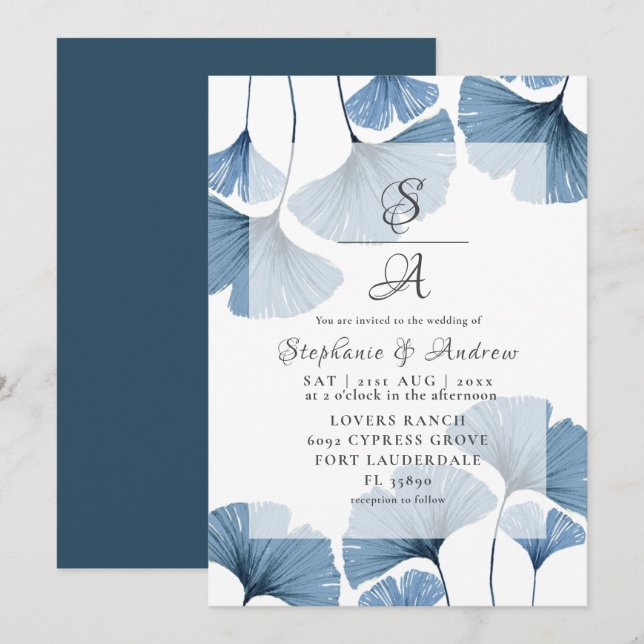 Convites Casamento Moderno Botânico com Gingko Azul (Frente/Verso)