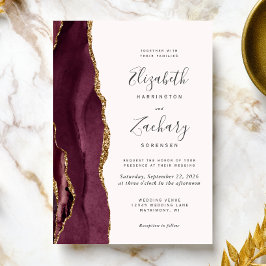 Convites Casamento Moderno Burgundy Dourado Ágata Blush