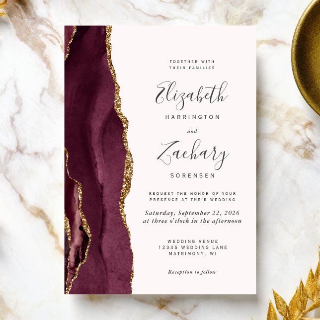 Convites Casamento Moderno Burgundy Dourado Ágata Blush (A perfect choice for a burgundy and blush themed wedding.)