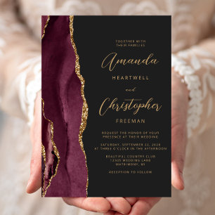 Convites Casamento Moderno Burgundy Dourado Ágata Script Ar