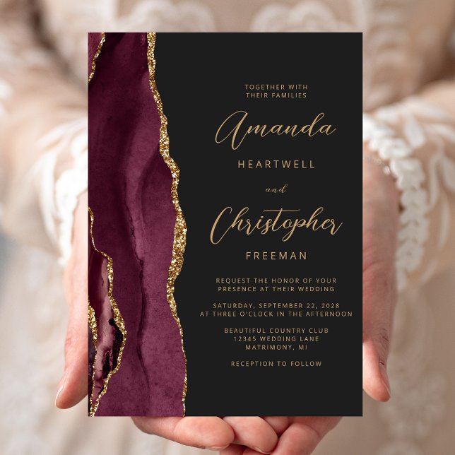 Convites Casamento Moderno Burgundy Dourado Ágata Script Ar (Criador carregado)