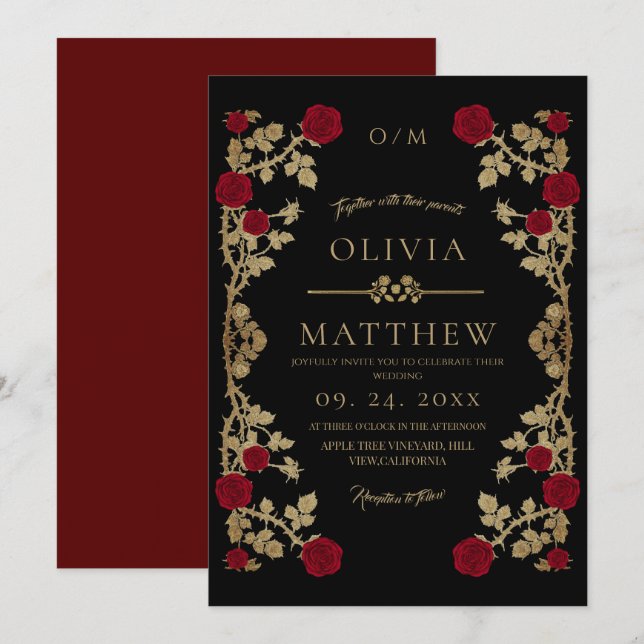 Convites Casamento Moderno Burgundy e preto ⎮ Boho Rosa Ver (Frente/Verso)