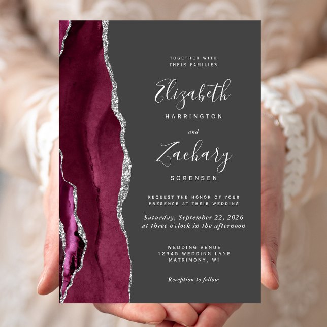 Convites Casamento Moderno Burgundy Prata Ágata Cinza Carvã (Criador carregado)