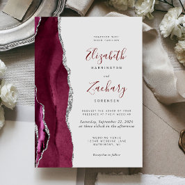 Convites Casamento Moderno Burgundy Prata Ágata Cinza Claro