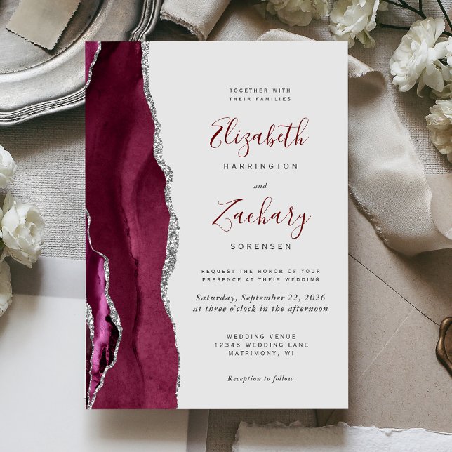 Convites Casamento Moderno Burgundy Prata Ágata Cinza Claro (Criador carregado)