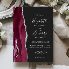 Convites Casamento Moderno Burgundy Prata Ágata Escura