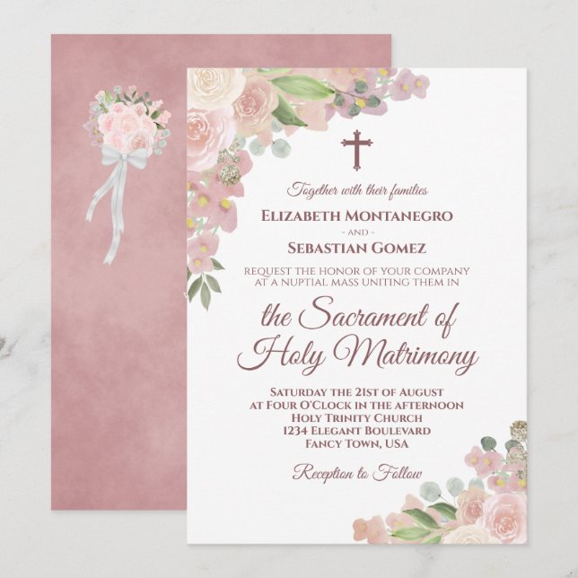 Convites Casamento Moderno Católico com Código QR Floral Ro (Frente/Verso)
