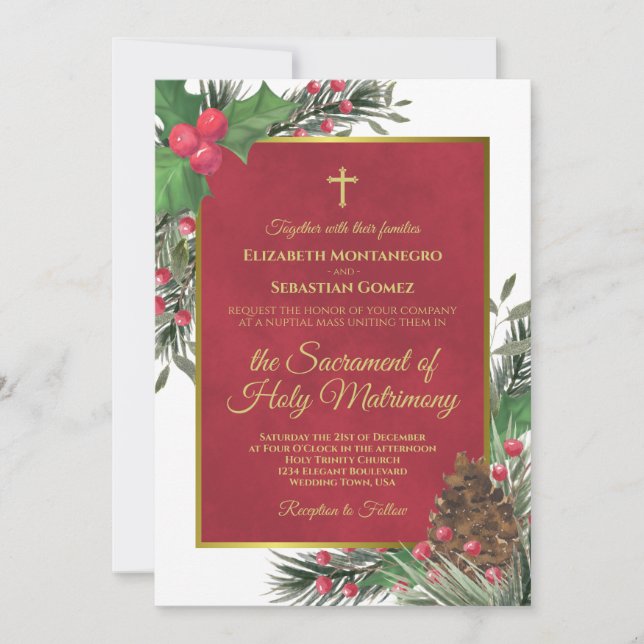 Convites Casamento Moderno Católico de Natal Holly & Pine (Frente)