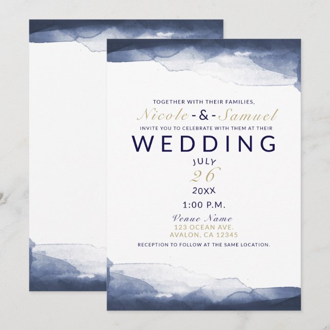 Convites Casamento Moderno Chic Azul Naval Aquarela (Frente/Verso)