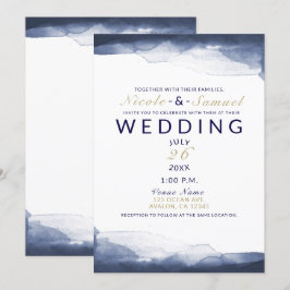 Convites Casamento Moderno Chic Azul Naval Aquarela