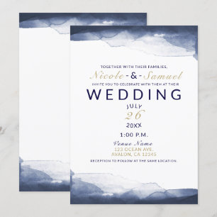 Convites Casamento Moderno Chic Azul Naval Aquarela
