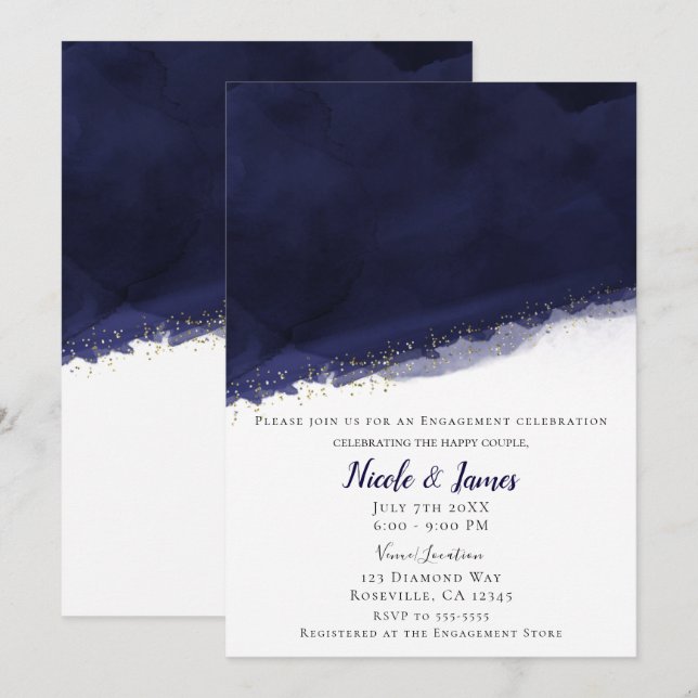 Convites Casamento Moderno Chic Azul Naval Aquarela e Doura (Frente/Verso)