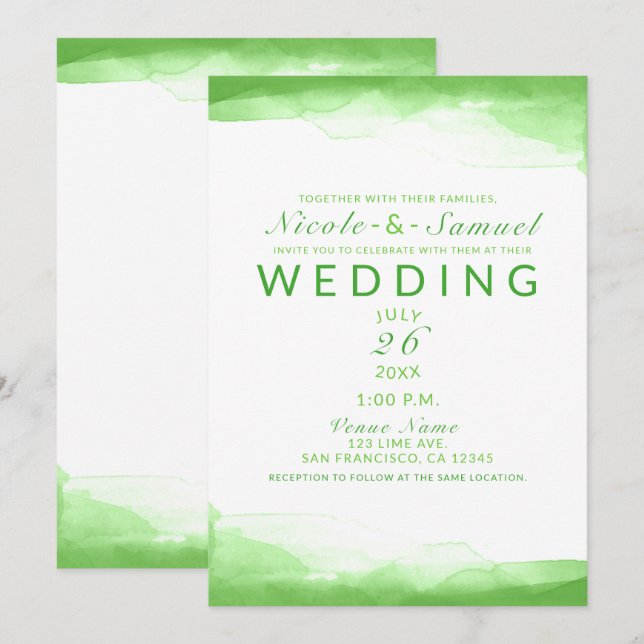 Convites Casamento Moderno Chic com Aquarela em Verde Limão (Frente/Verso)