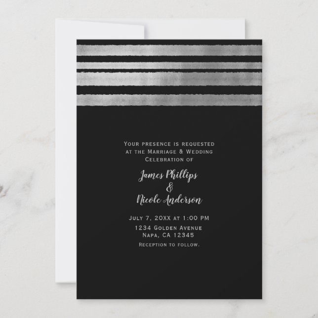 Convites Casamento Moderno Chic Elegante Prata e Preto (Frente)