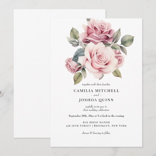 Convites Casamento Moderno Chic Elegante Romântico Rosa Ros (Frente/Verso)