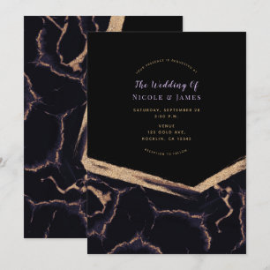 Convites Casamento Moderno Chic Mármore Preto Roxo e Dourad