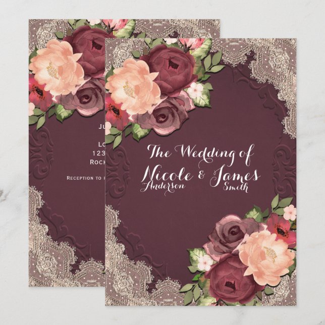 Convites Casamento Moderno Chique de Renda Marrom Elegante  (Frente/Verso)