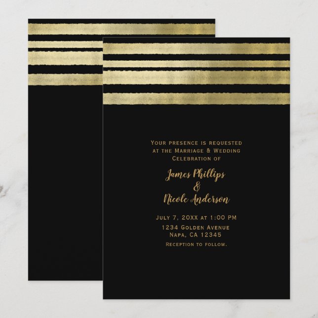 Convites Casamento Moderno Chique Elegante Dourado e Preto (Frente/Verso)